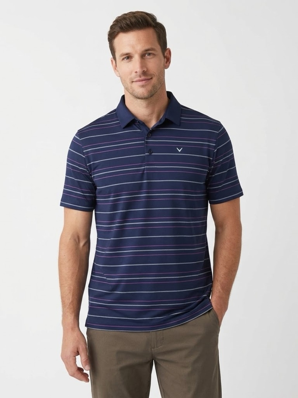 Callaway Opti-Dri Mens Golf Polo Shirt M Navy Pink Striped Short Sleeve NWT